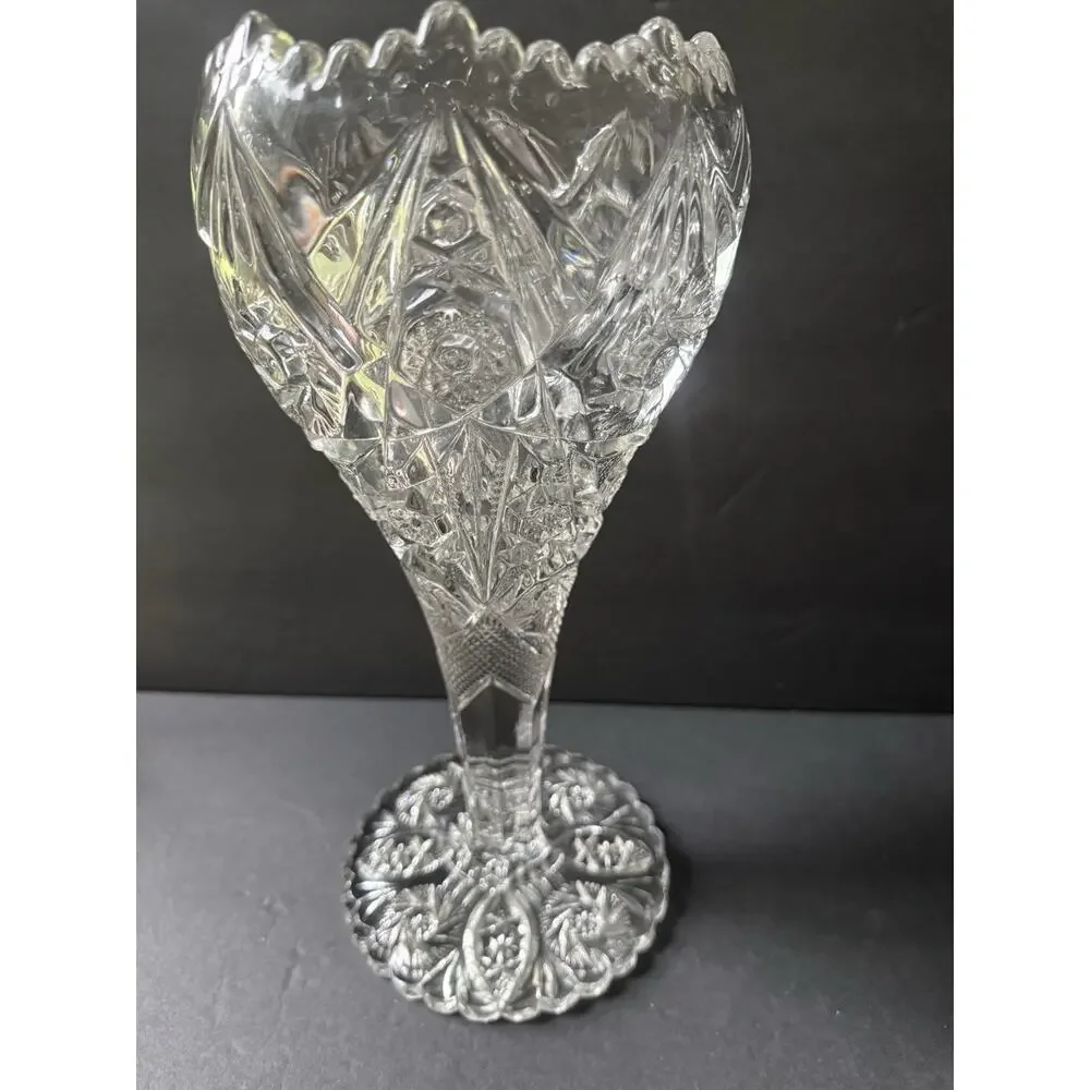 Vintsge EAPG Imperial Cut Glass Boquet Vase Hobstar Thunderbolt MCM Scalloped
